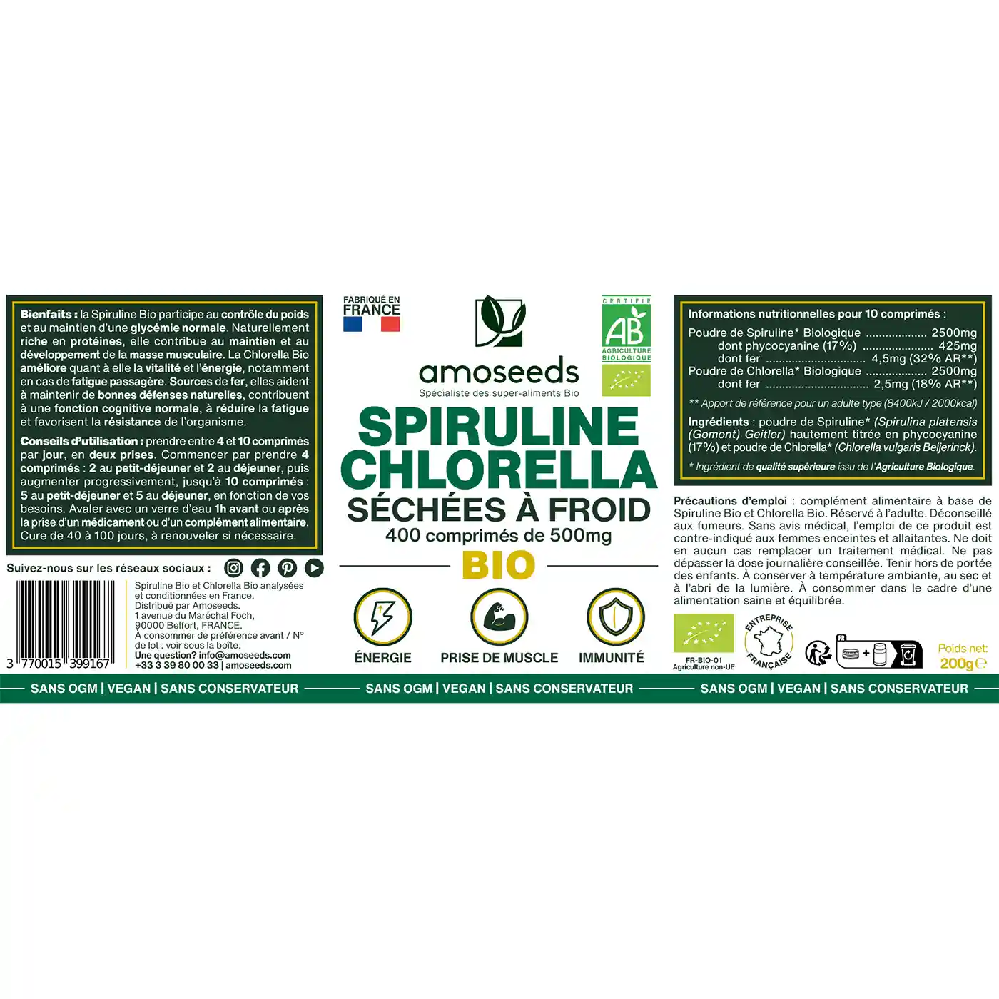 Mix Spiruline et Chlorella Bio, 17% phycocyanine | 400 comprimés - Image 5