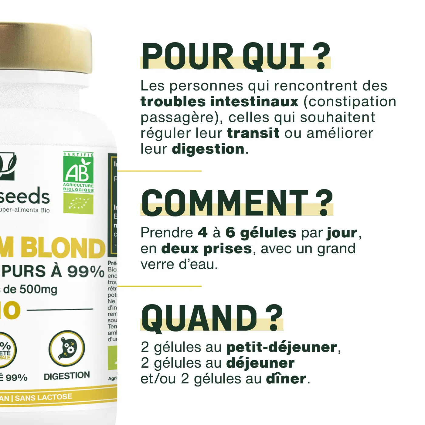 Psyllium Blond Bio, Téguments purs à 99%  | 180 gélules de 500mg - Image 4