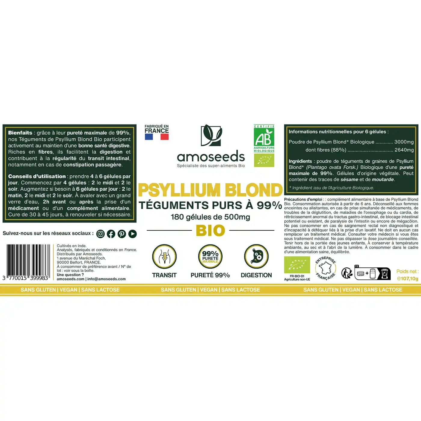 Psyllium Blond Bio, Téguments purs à 99%  | 180 gélules de 500mg - Image 5